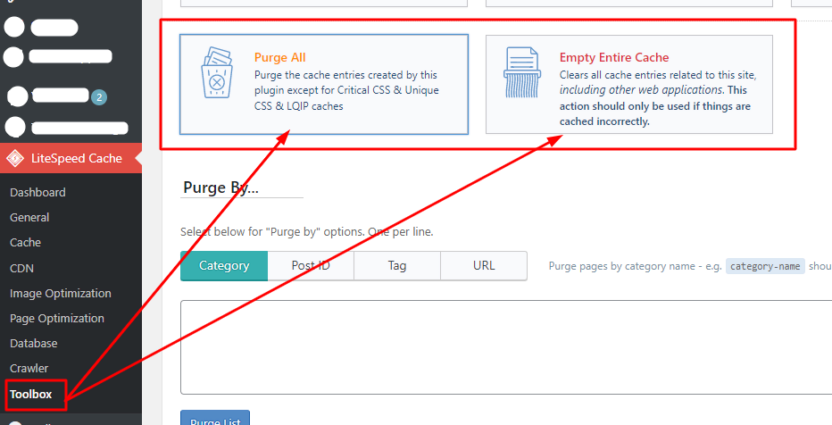 Clear LiteSpeed Cache in WordPress Website Toolbox Option